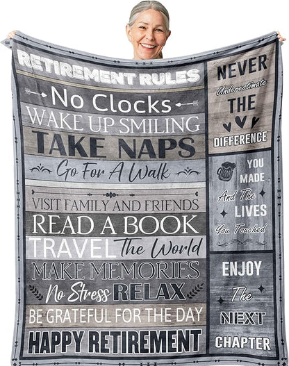 Blanket for Retirement Gifts, “Retirement Rules: Happy Retirement”, From Family Friends, Birthday Christmas Holiday, Inspirational Theme