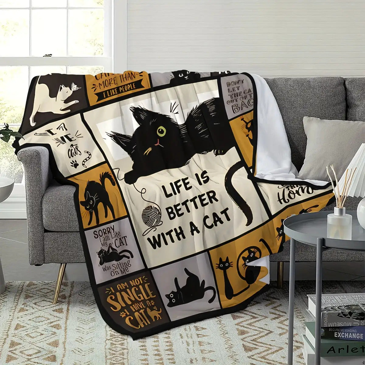 Blanket for Cat Lovers Gifts - Life Is Better With A Cat - From Cat Moms Dads, Birthday Christmas Everyday Encouragement, Inspirational Motivational
