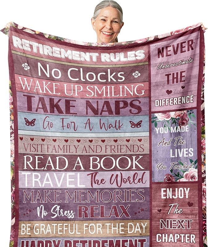 Blanket for Retirement Gifts, “Retirement Rules: Happy Retirement”, From Family Friends, Birthday Christmas Holiday, Inspirational Theme