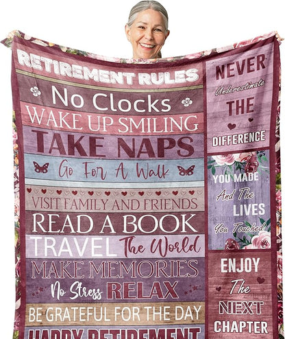 Blanket for Retirement Gifts, “Retirement Rules: Happy Retirement”, From Family Friends, Birthday Christmas Holiday, Inspirational Theme
