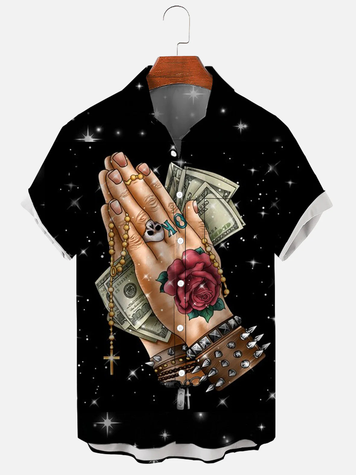 Pray Money PrintCasual Shirt, Men's Casual Vintage Casual Shirt