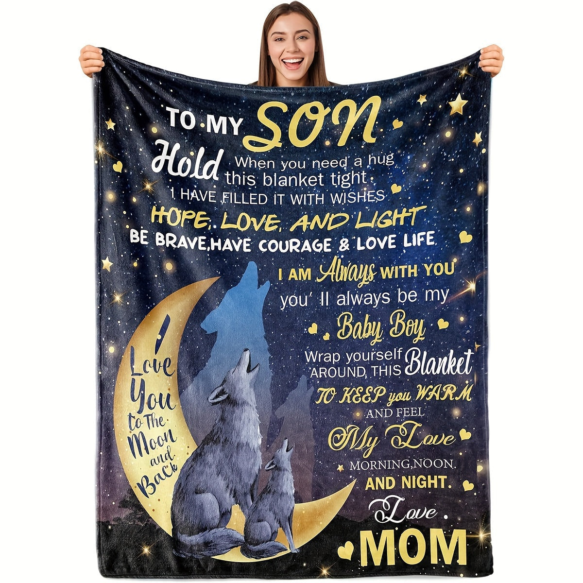 Gifts for Son Blanket - I Love You to the Moon and Back - From Mom, Birthday, Christmas, Everyday Encouragement, Inspirational Motivational