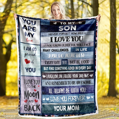 Blanket for Son Gifts, “Never Forget How Much I Love You”, From Mom, Birthday, Christmas, Graduation, Inspirational Motivational