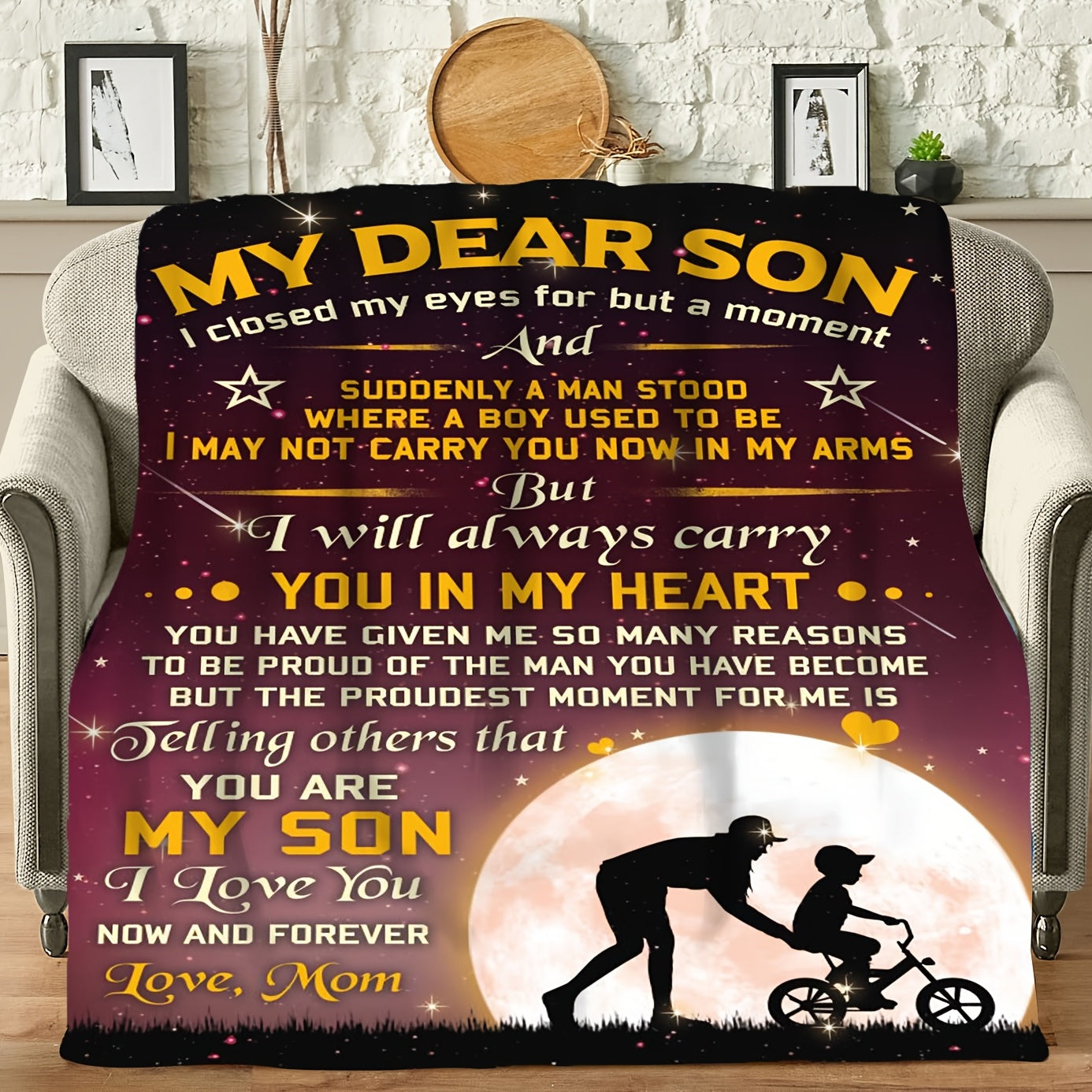 Blanket for Son Gifts, “I will always carry you in my heart”, From Mom, Birthday, Christmas, Graduation, Inspirational Theme