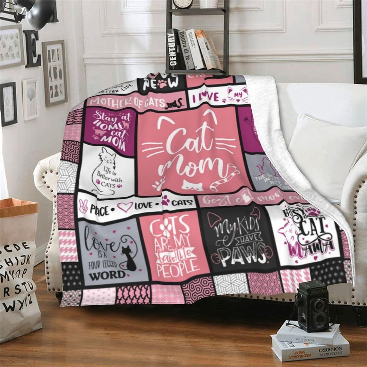 Blanket for Cat Mom Gifts, "Cat Mom", From Daughter Son, Birthday Christmas Holiday Everyday Encouragement, Inspirational