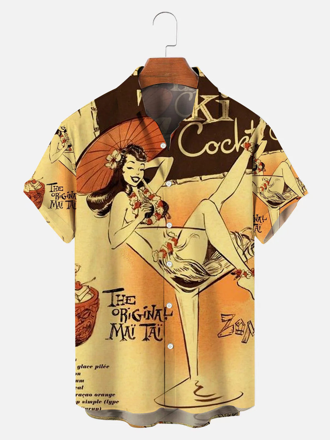 Vintage Tiki Cocktail Girl Print Short Sleeve Shirt