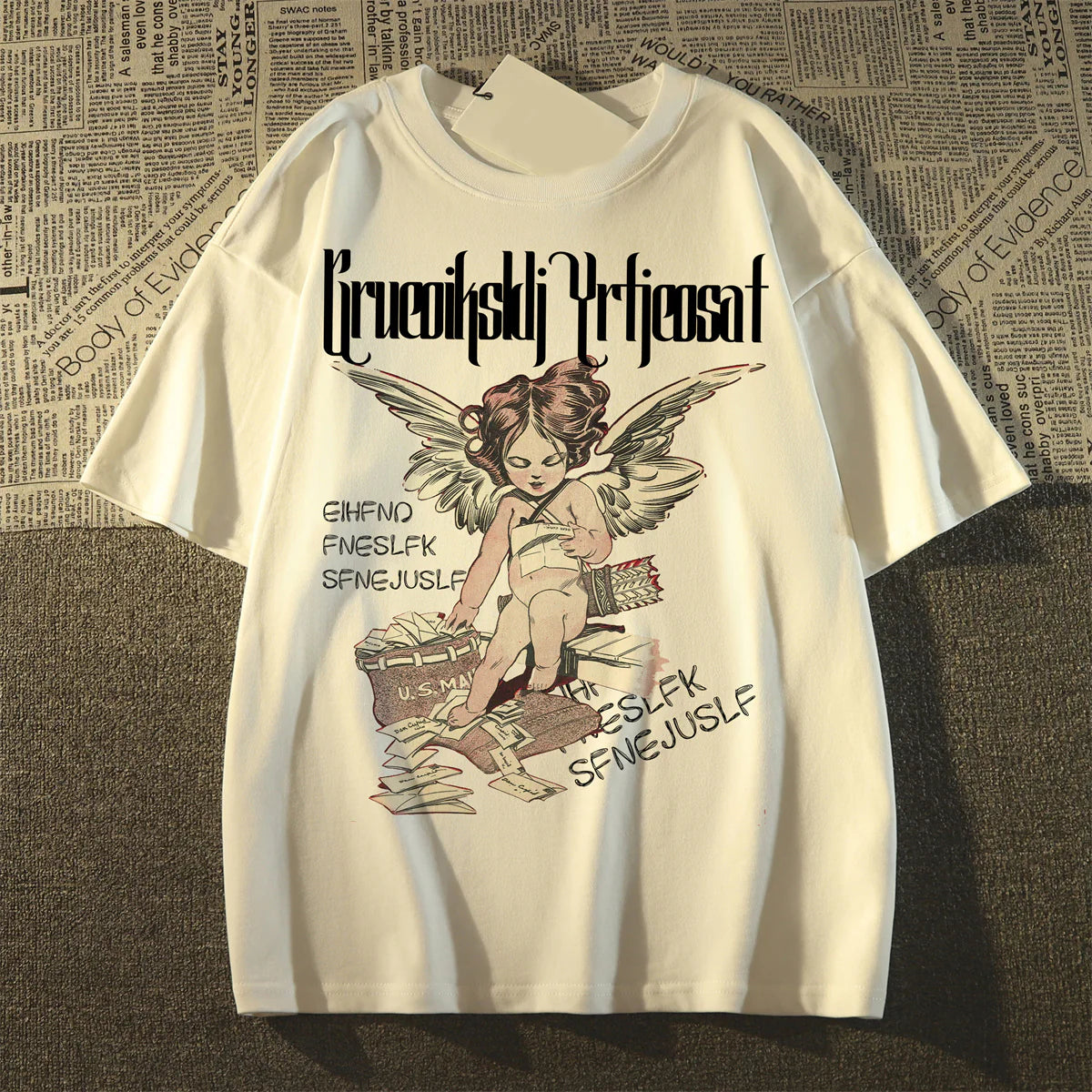 Unisex Retro little angel print round neck cotton T-shirt