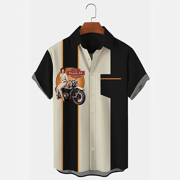 Retro Motorcycle Men's Casual Stand Collar Soft & Breathable Short Sleeve Shirt