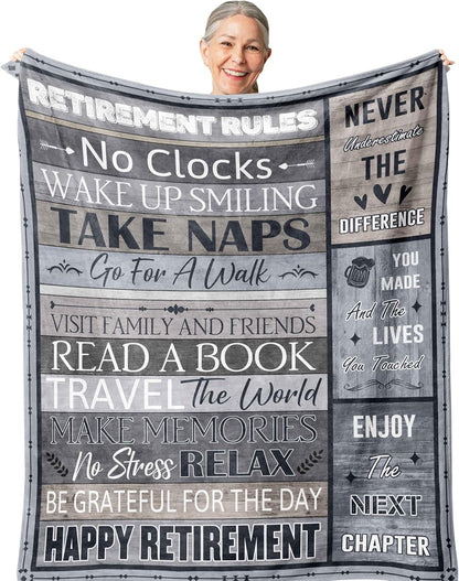 Blanket for Retirement Gifts, “Retirement Rules: Happy Retirement”, From Family Friends, Birthday Christmas Holiday, Inspirational Theme