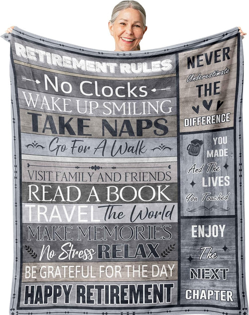 Blanket for Retirement Gifts, “Retirement Rules: Happy Retirement”, From Family Friends, Birthday Christmas Holiday, Inspirational Theme