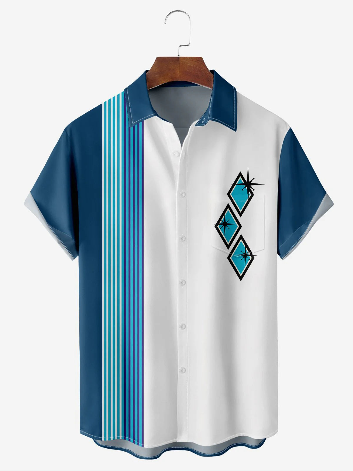 Art Medieval Geometric Chest Pocket Short Sleeve Bowling Shirt