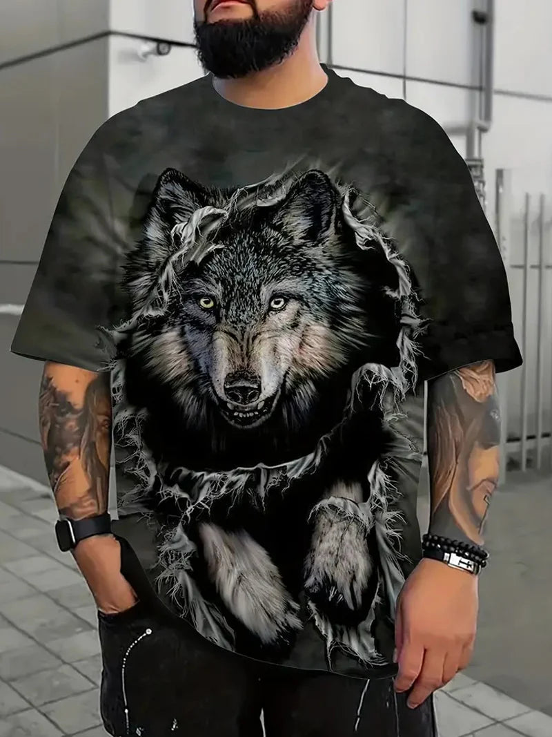 Plus Size 3D Wolf Print Men's Cool T-shirt For Summer