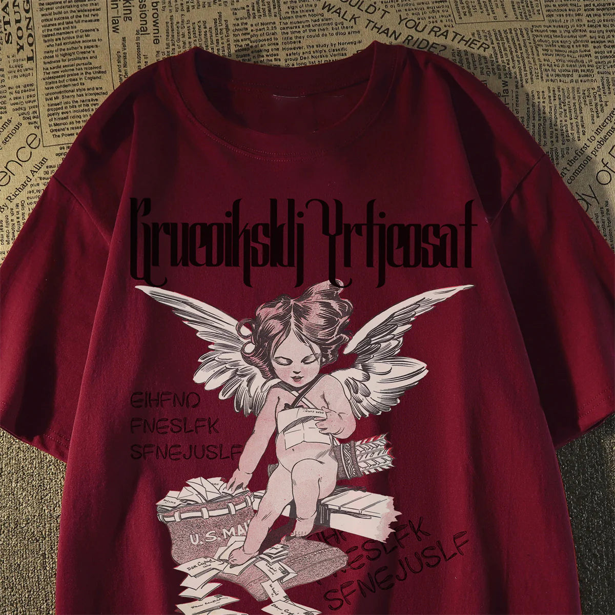 Unisex Retro little angel print round neck cotton T-shirt