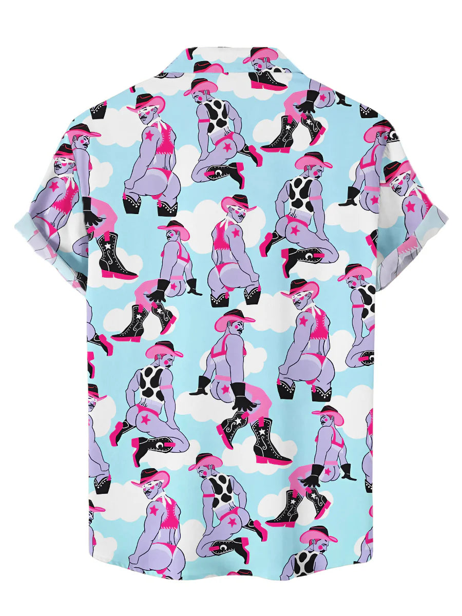 Men's Fun Sexy Cowboy Print Hawaiian Valentine Shirt