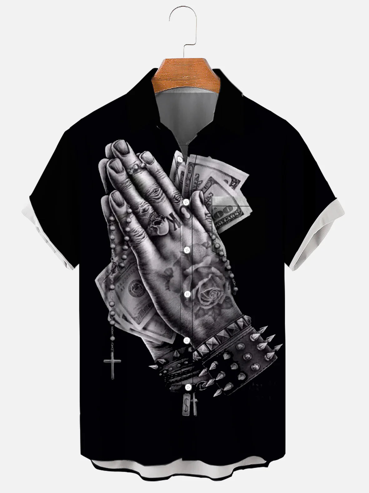 Pray Money Print Casual Shirt, Men's Casual Vintage Casual Shirt