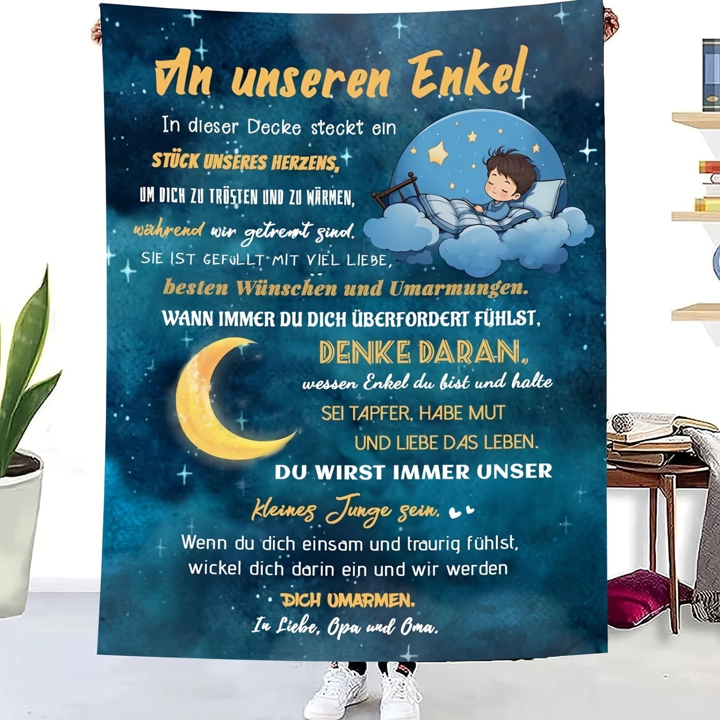 Blanket for Grandson Gifts, “Du wirst immer unser kleiner Junge sein”, From Oma Opa, Birthday Christmas Encouragement, Inspirational