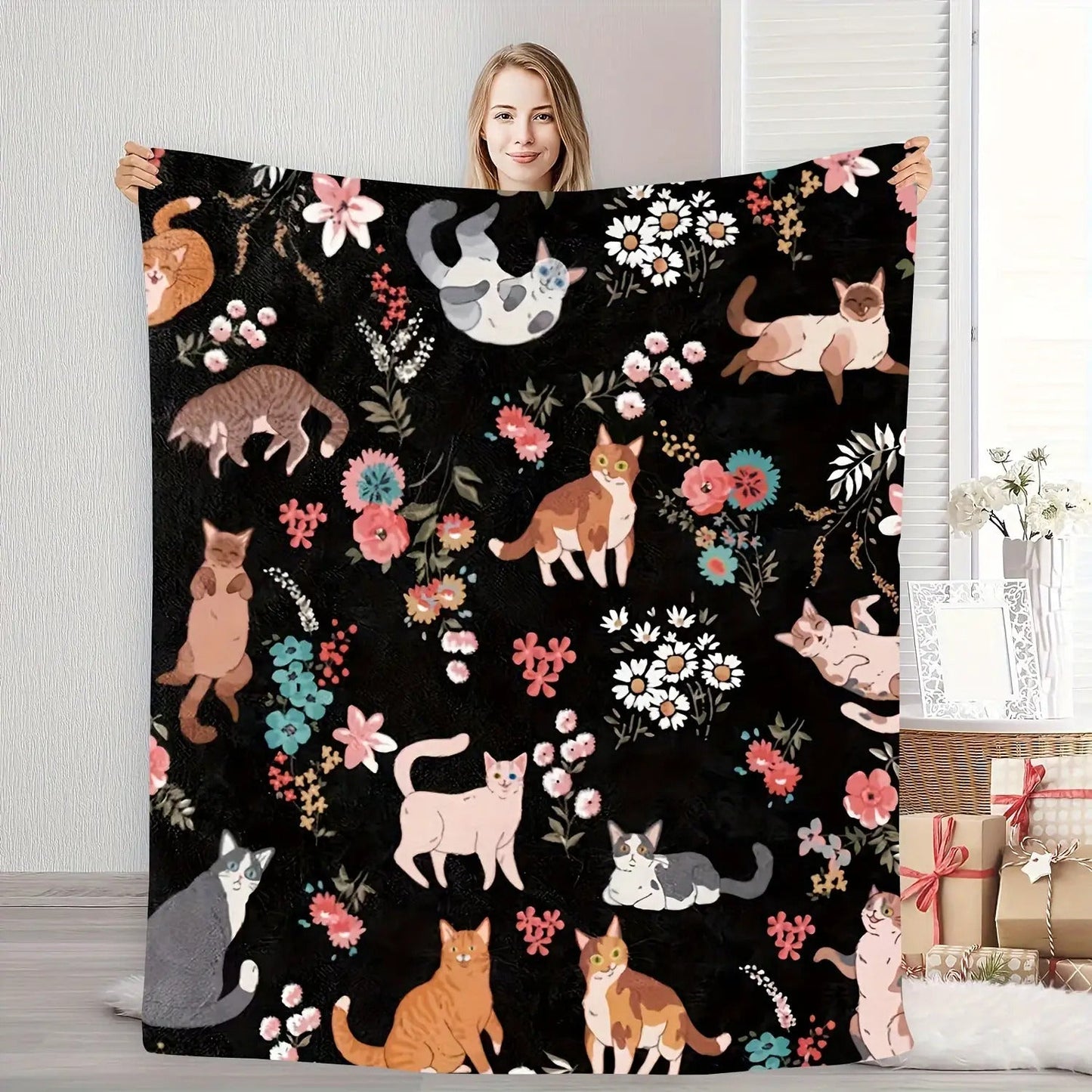 Blanket Gifts for Cat Lovers Blanket - Cats and Flowers Delight,” From Family, Birthday, Christmas, Everyday Encouragement, Inspirational