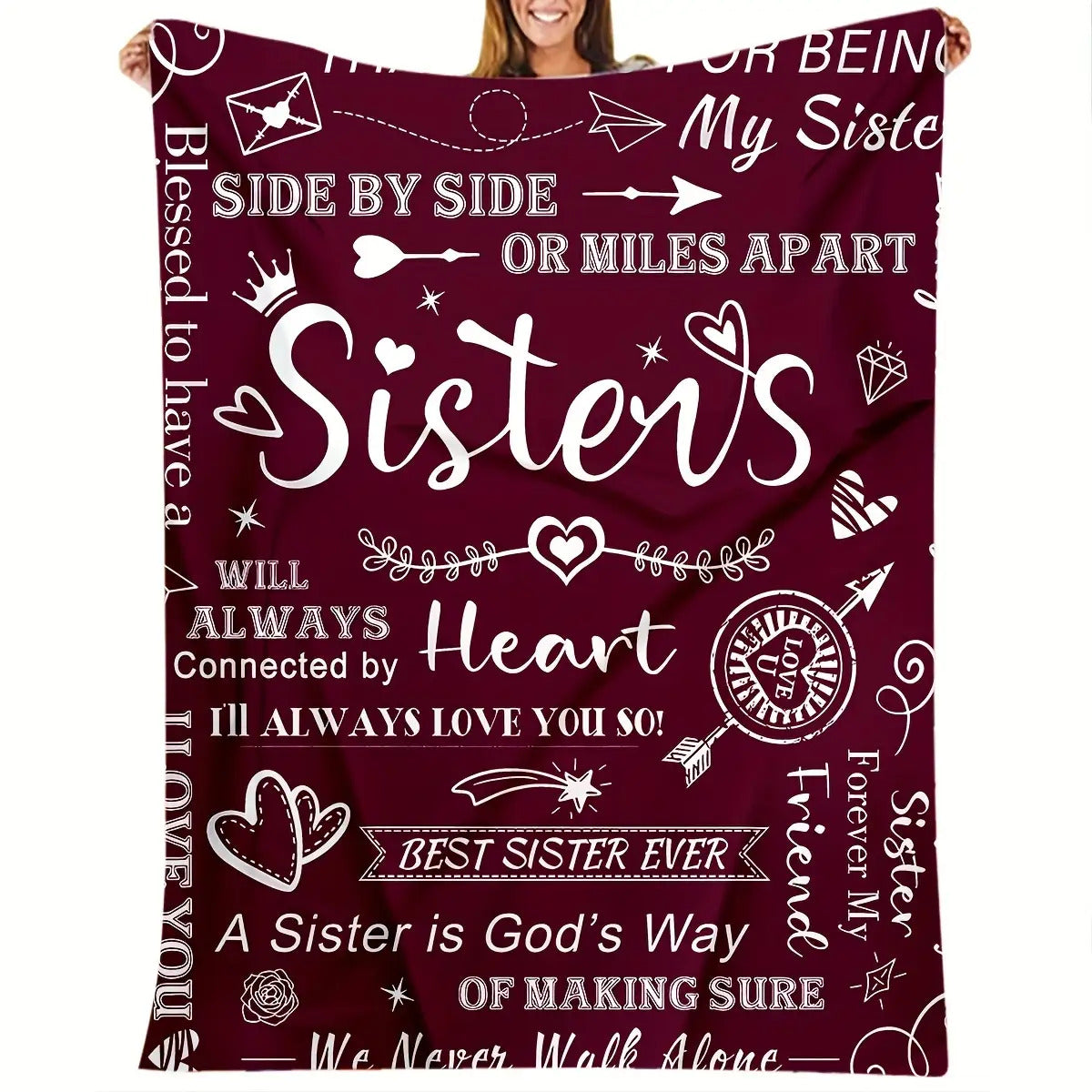 Blanket for Sister Gifts - Sisters Side by Side or Miles Apart Always Connected by Heart - From Sibling, Birthday, Christmas, Everyday Encouragement, Inspirational