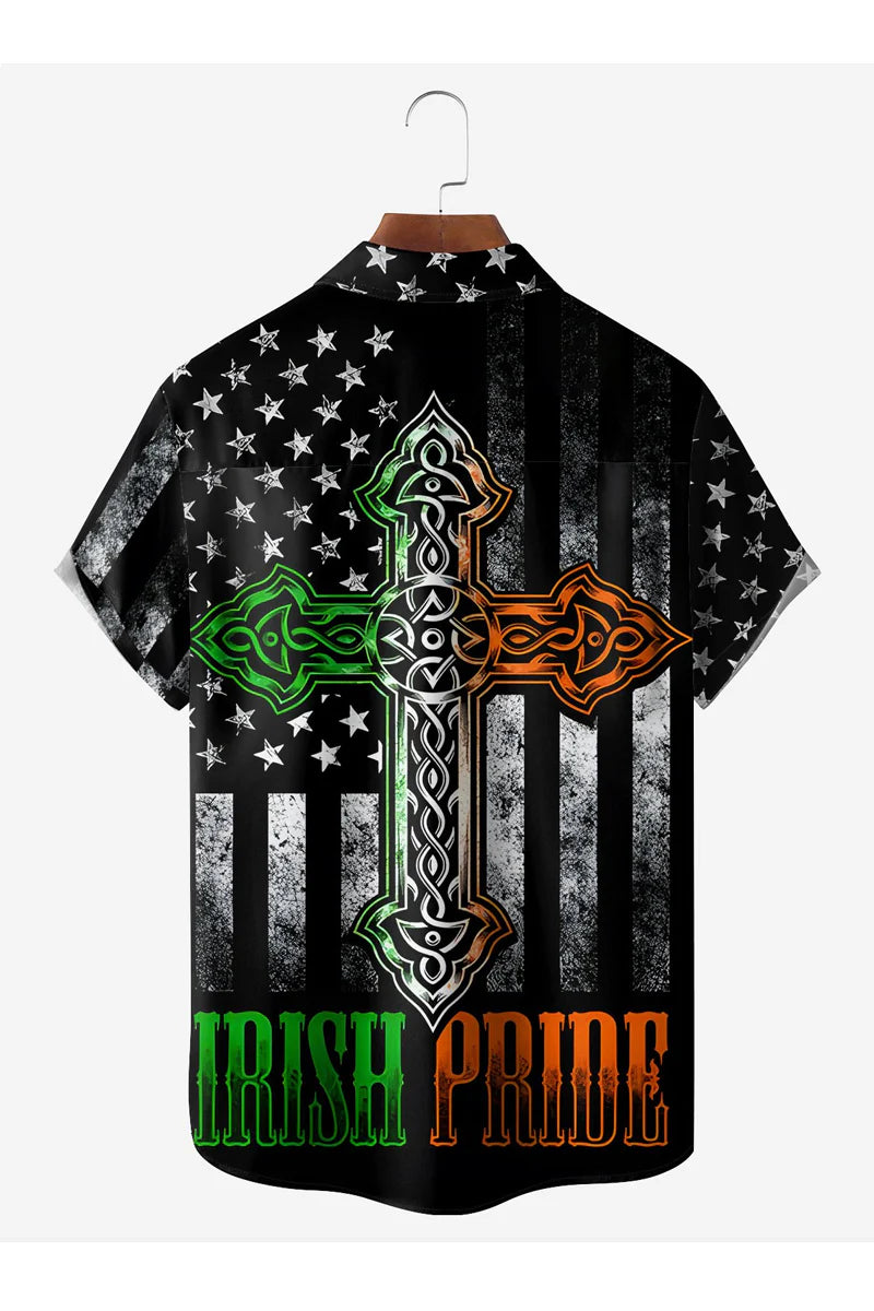 St. Patrick's Day American Flag Chest Pocket Short Sleeve Casual Shirt