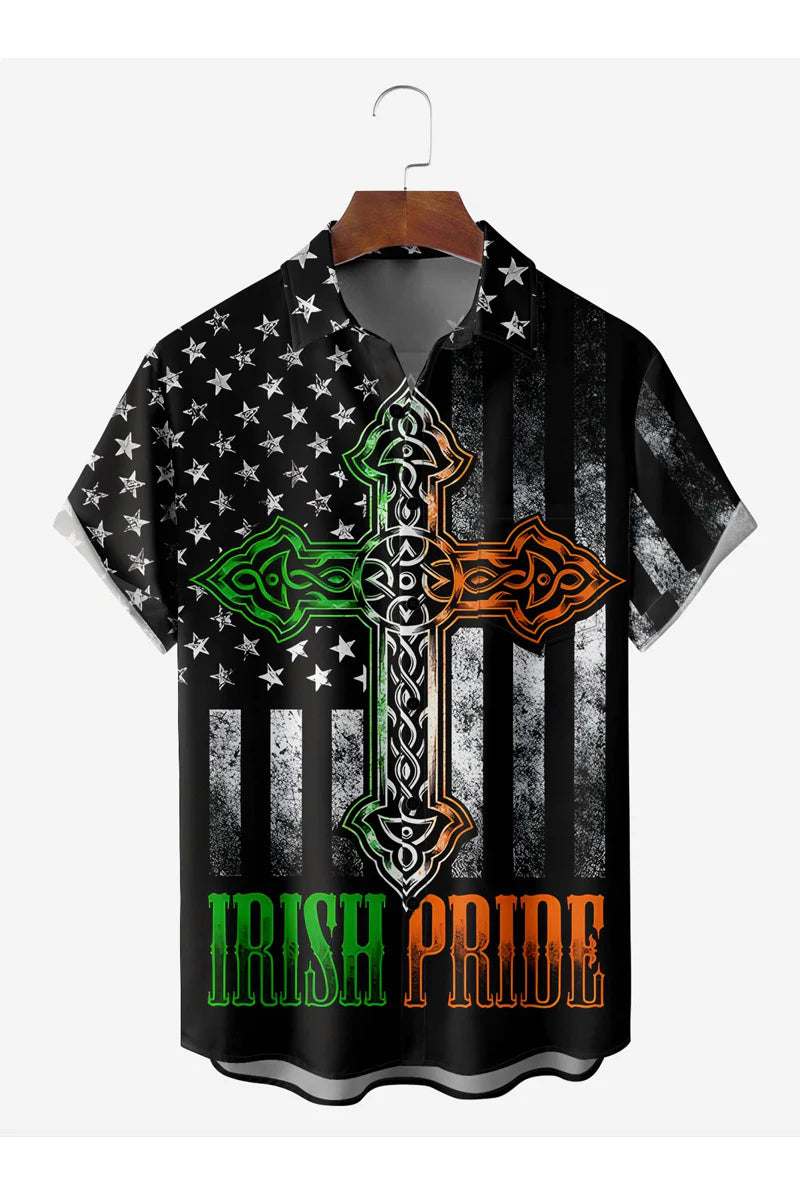 St. Patrick's Day American Flag Chest Pocket Short Sleeve Casual Shirt