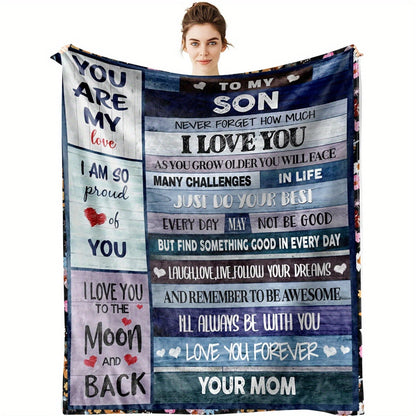 Blanket for Son Gifts, “Never Forget How Much I Love You”, From Mom, Birthday, Christmas, Graduation, Inspirational Motivational