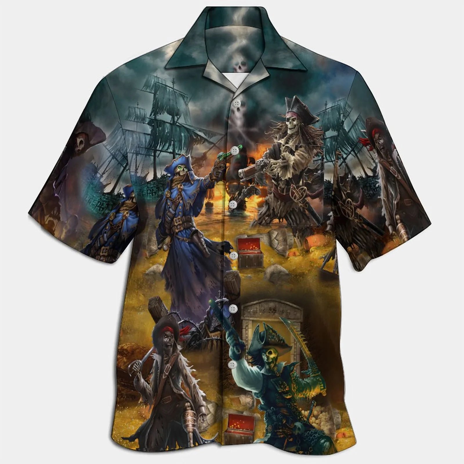 NEW PIRATE SKULL TREASURE HAWAIIAN 3D HAWAII SHIRT US SIZE PIRATE BEST PRICE