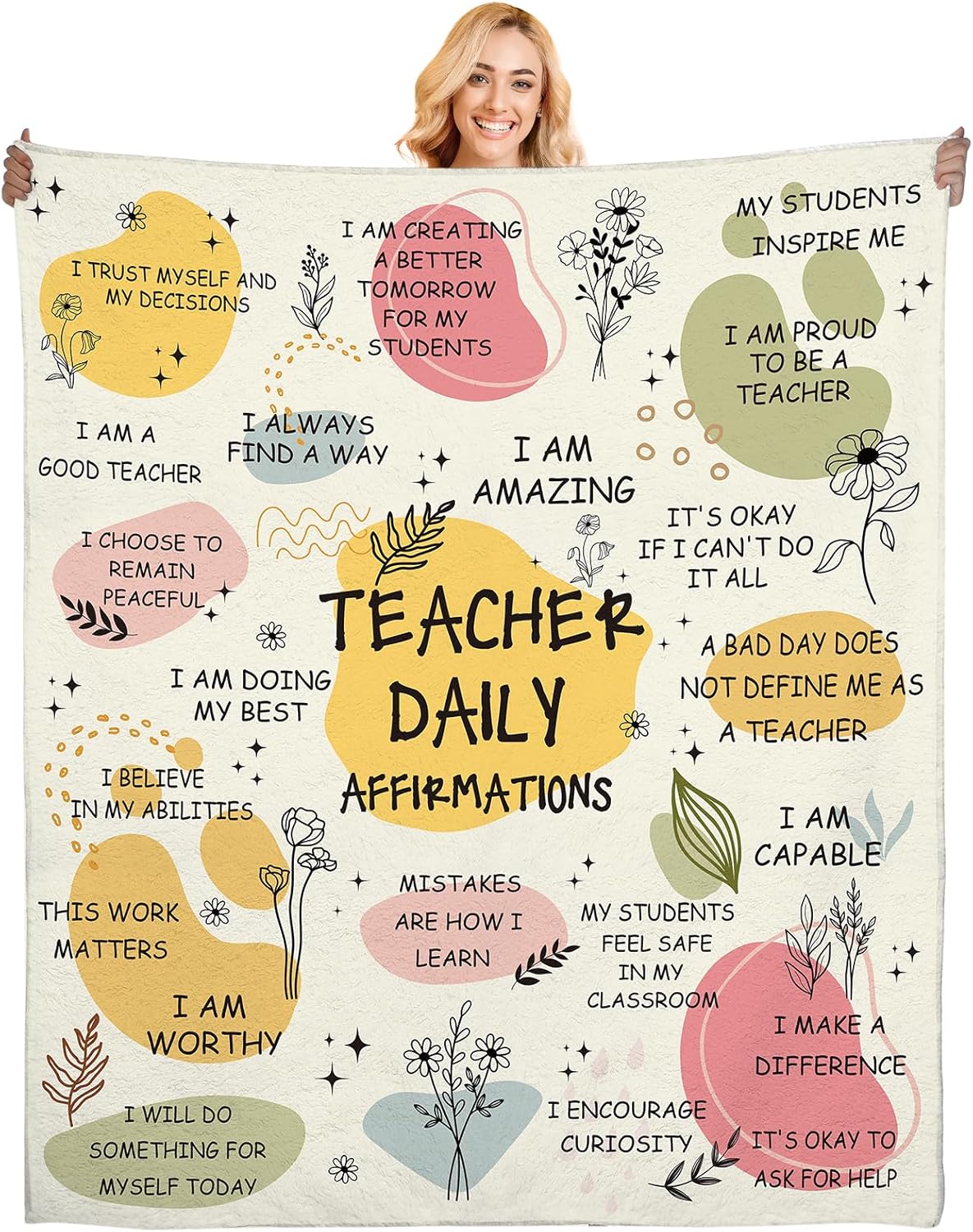 Blanket for Teacher Gifts, “Teacher Daily Affirmations”, From Students, Birthday Christmas Graduation Holiday, Inspirational Motivational