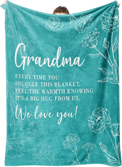 Blanket for Grandma Gifts, “Every time you snuggle this blanket, feel the warmth knowing it’s a big hug from us. We love you!”, From Family, Birthday, Christmas, Everyday Encouragement, Inspirational