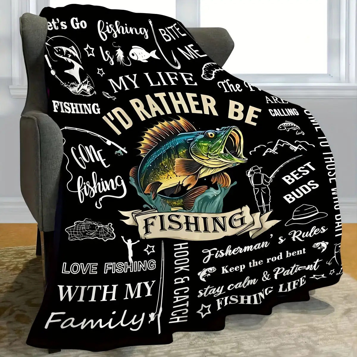 Gifts for Fisherman Blanket - I'd Rather Be Fishing - From Family, Birthday, Christmas, Everyday Encouragement, Motivational