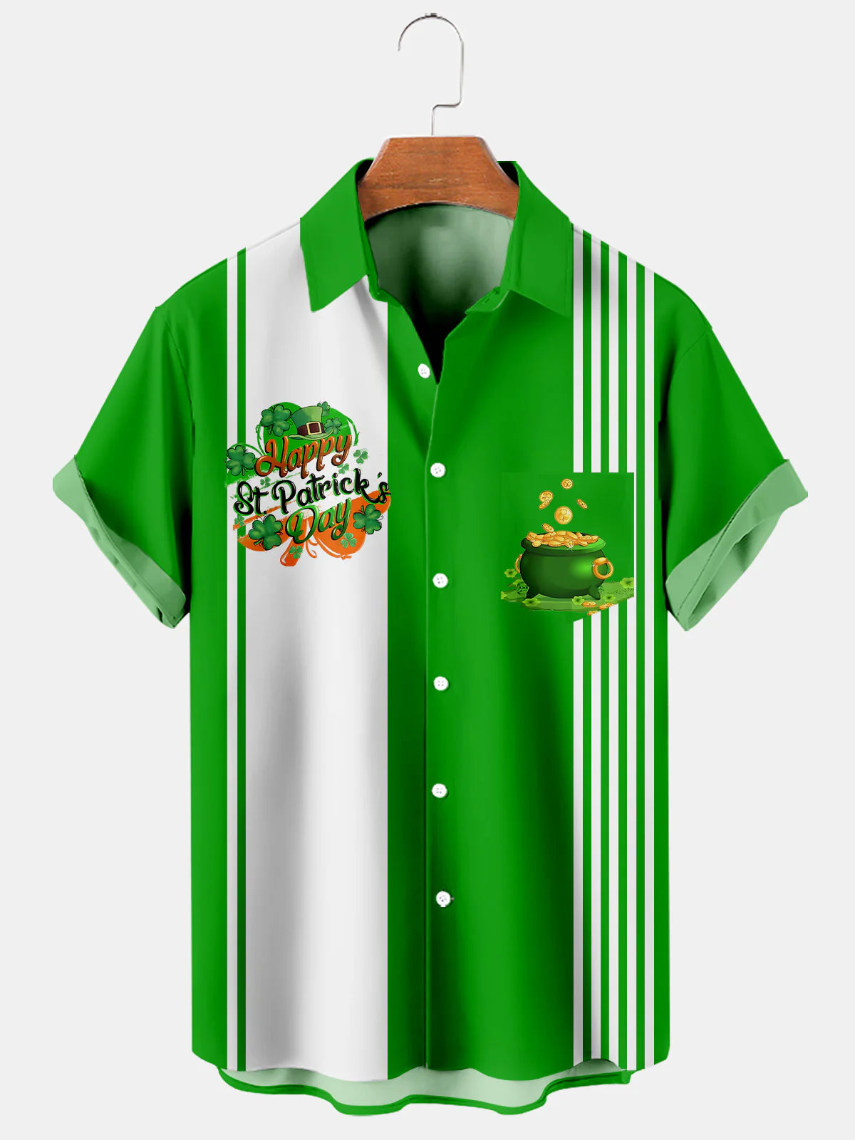 Men's St. Patrick's Day Clover Stripe Print Casual Short Sleeve Shirt