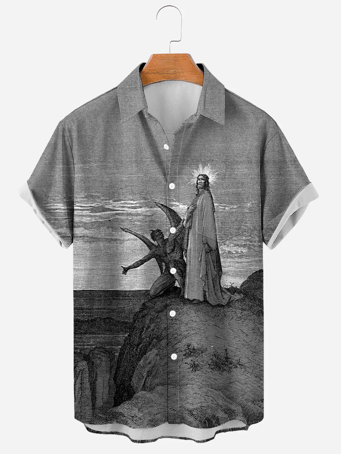 Men's The temptation of Christ¡± Jesus leads into the desert is tempted by the devil Illustration Printing Soft & Breathable Short Sleeve Shirt