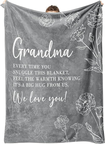 Blanket for Grandma Gifts, “Every time you snuggle this blanket, feel the warmth knowing it’s a big hug from us. We love you!”, From Family, Birthday, Christmas, Everyday Encouragement, Inspirational