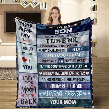Blanket for Son Gifts, “Never Forget How Much I Love You”, From Mom, Birthday, Christmas, Graduation, Inspirational Motivational