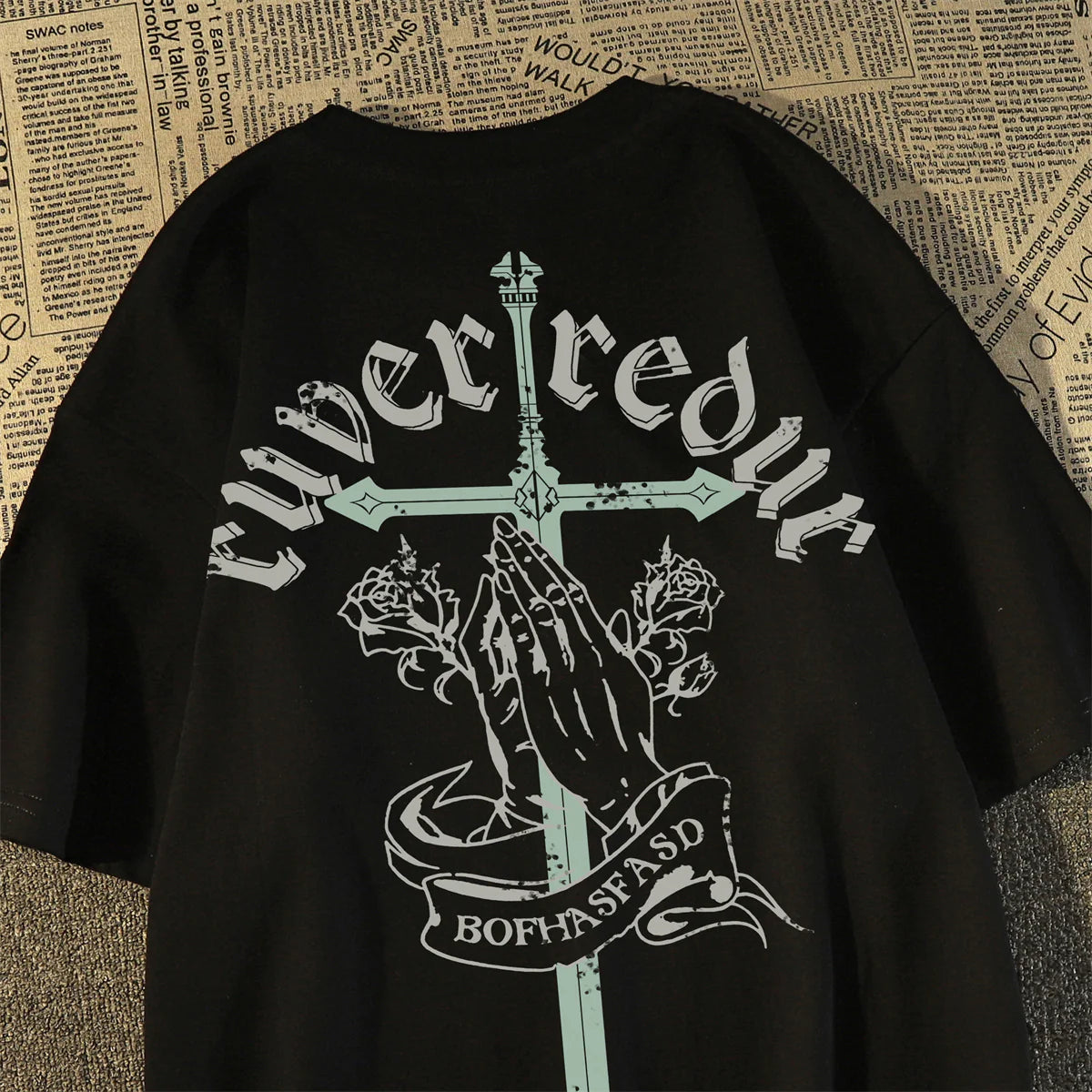 Unisex Vintage Cross Hands Prayer Pure Cotton Short Sleeve T-shirt