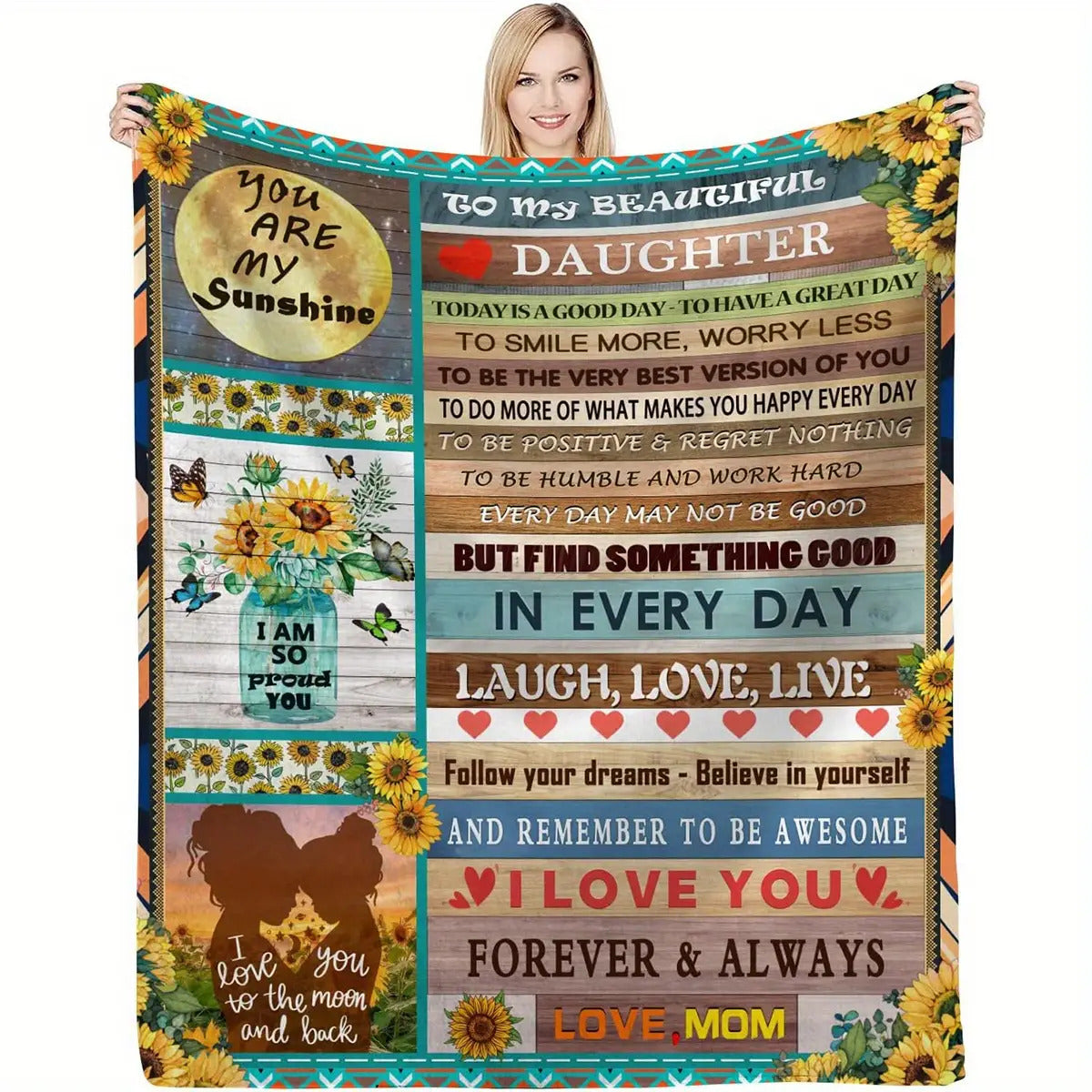Blanket for Daughter Gifts - You Are My Sunshine, I Am So Proud You, I Love You to the Moon and Back - From Mom, Birthday, Christmas, Everyday Encouragement, Inspirational Motivational