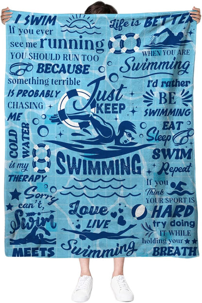 Blanket for Son Gifts, “Just Keep Swimming”, From Mom Dad, Birthday, Christmas, Graduation, Motivational Inspirational Blue