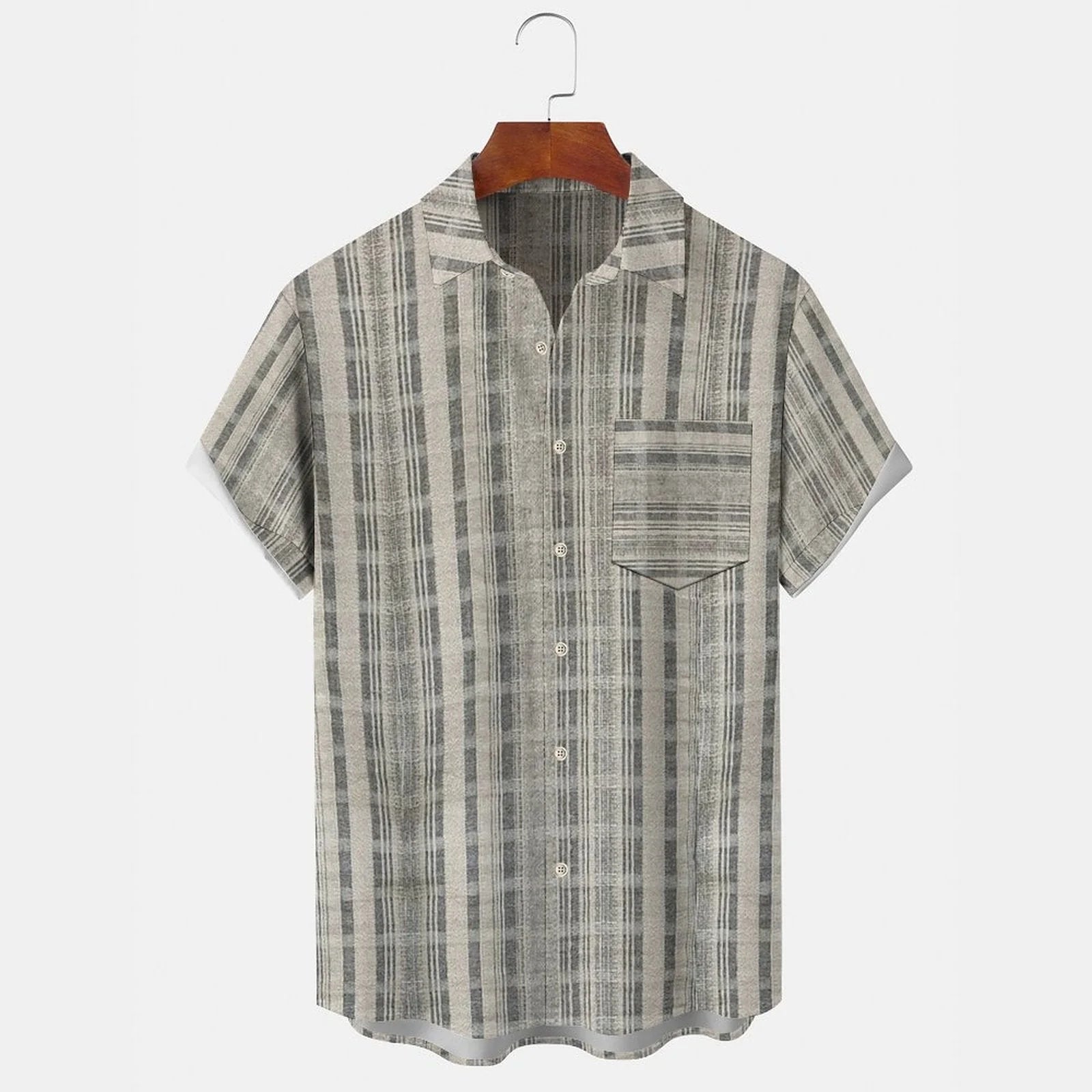 Line Pattern Men's Casual Stand Collar Soft & Breathable Short Sleeve Shirt