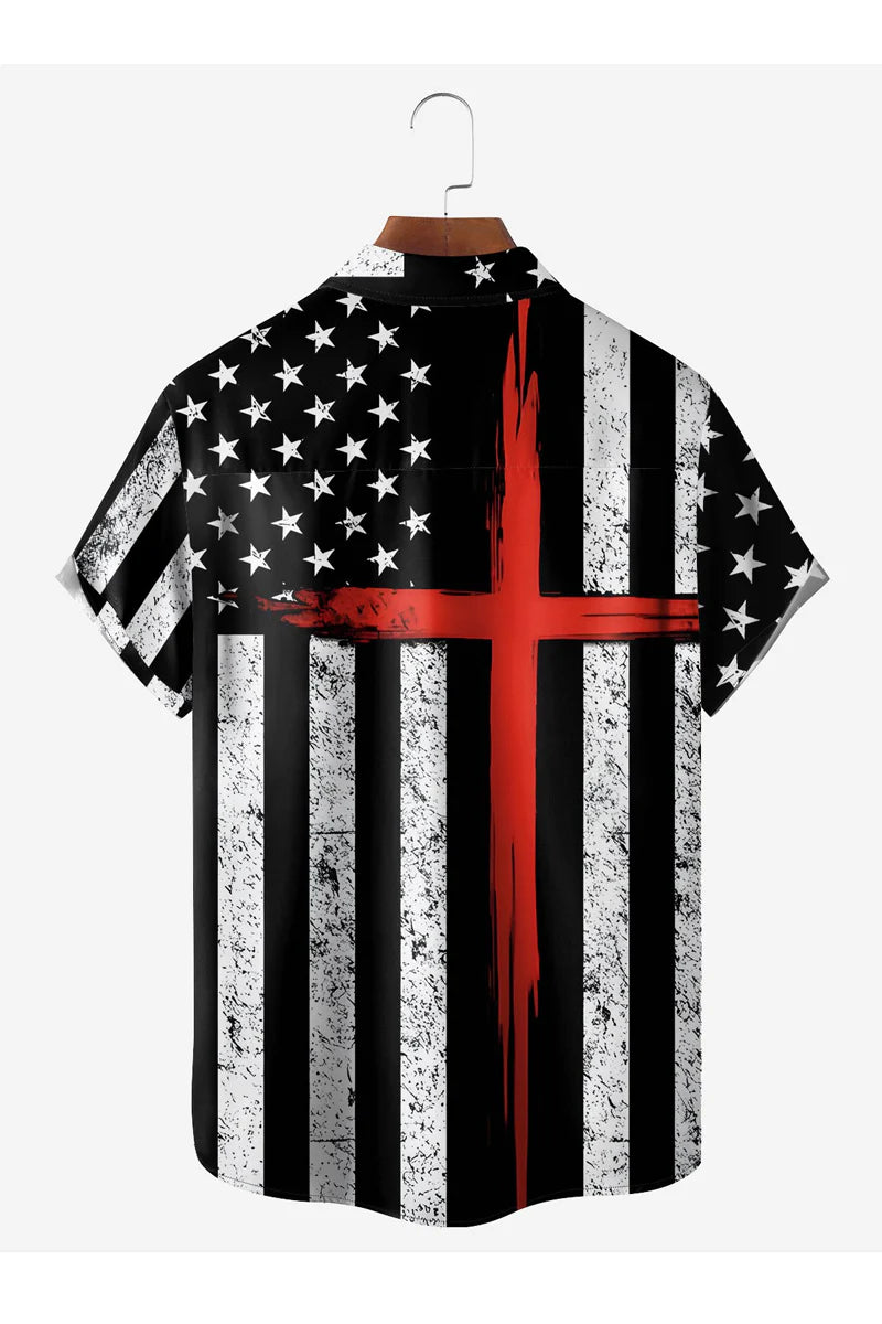 Flag Cross Chest Pocket Short Sleeve Casual Shirt