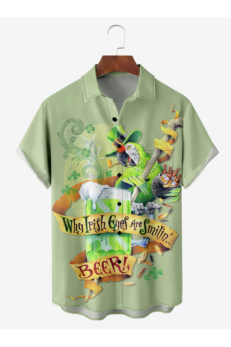 St. Patrick's Day Parrot Chest Pocket Short Sleeve Hawaiian Shirt