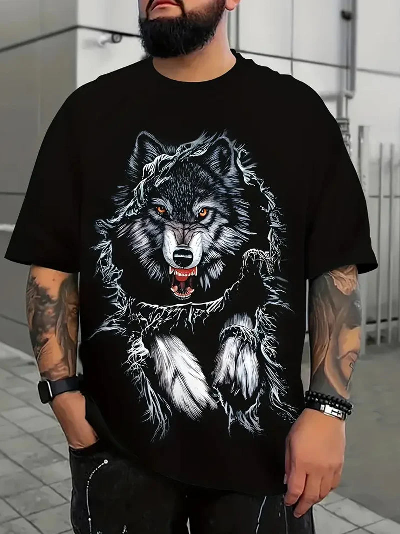 Plus Size 3D Wolf Print Men's Cool T-shirt For Summer