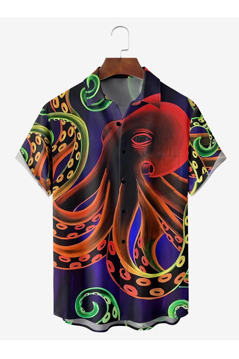 Octopus Chest Pocket Short Sleeve Hawaiian Shirt