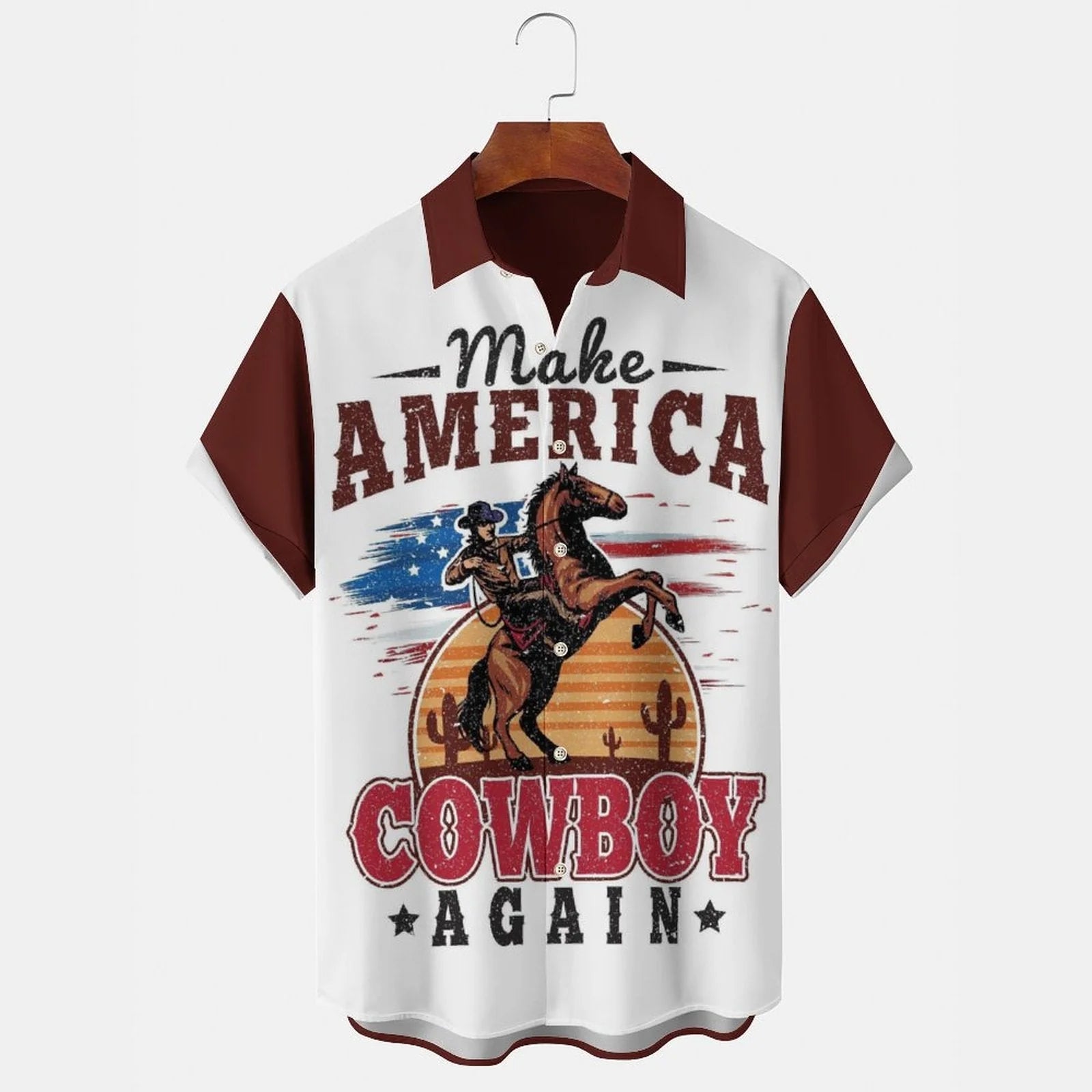 AMERICA COWBOY AGAIN Men's Casual Stand Collar Soft & Breathable Short Sleeve Shirt