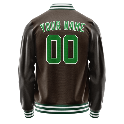 Custom Brown Neon-Green Solid Color Varsity Letterman Jacket