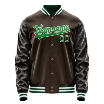 Custom Brown Neon-Green Solid Color Varsity Letterman Jacket