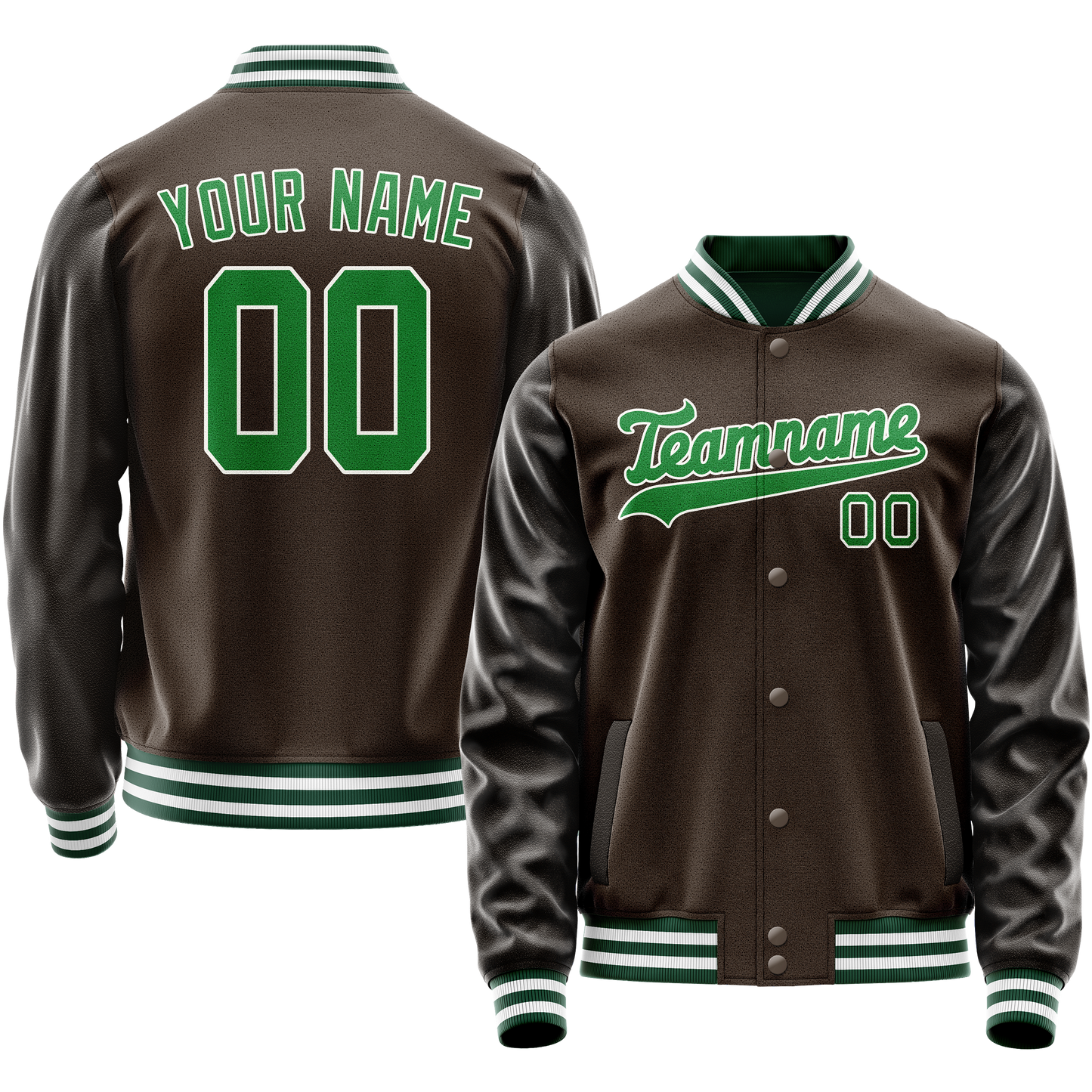 Custom Brown Neon-Green Solid Color Varsity Letterman Jacket