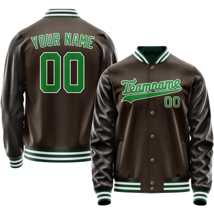 Custom Brown Neon-Green Solid Color Varsity Letterman Jacket