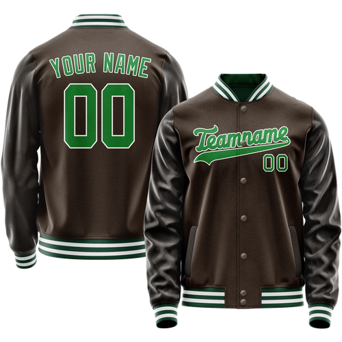 Custom Brown Neon-Green Solid Color Varsity Letterman Jacket