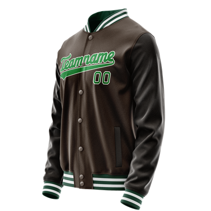 Custom Brown Neon-Green Solid Color Varsity Letterman Jacket