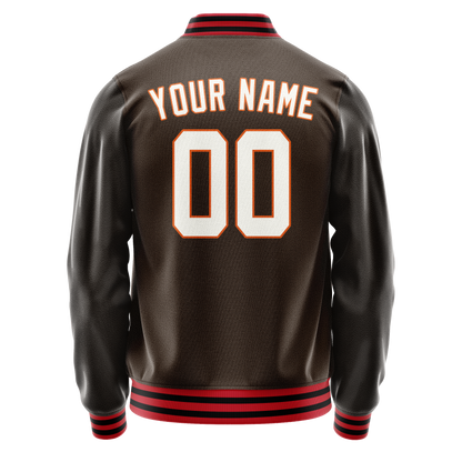 Custom Brown White Solid Color Varsity Letterman Jacket