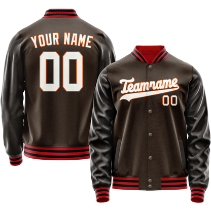 Custom Brown White Solid Color Varsity Letterman Jacket